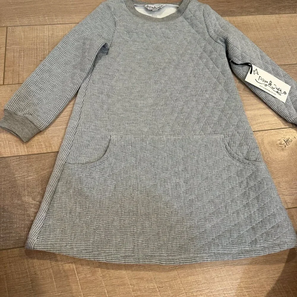 Pippa & Julie Girls Long-Sleeve Striped Dress With Pockets Gray Size 6X Cotton